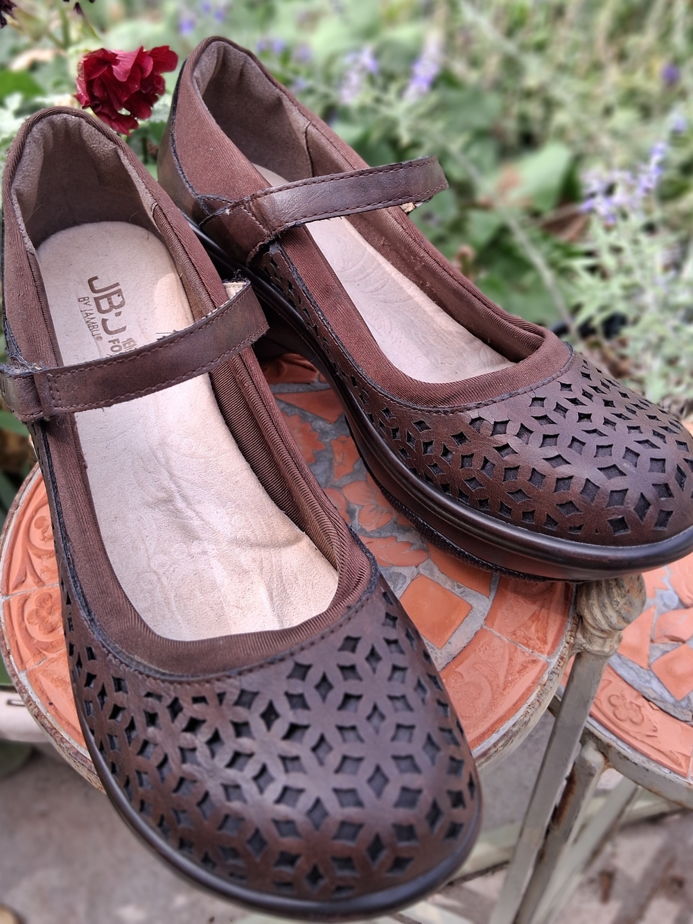 JBU Brown Perforated Mary Jane Flats with Strap